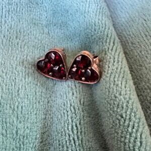 Vintage Red Stone Heart Stud Earrings Cluster Brass Setting